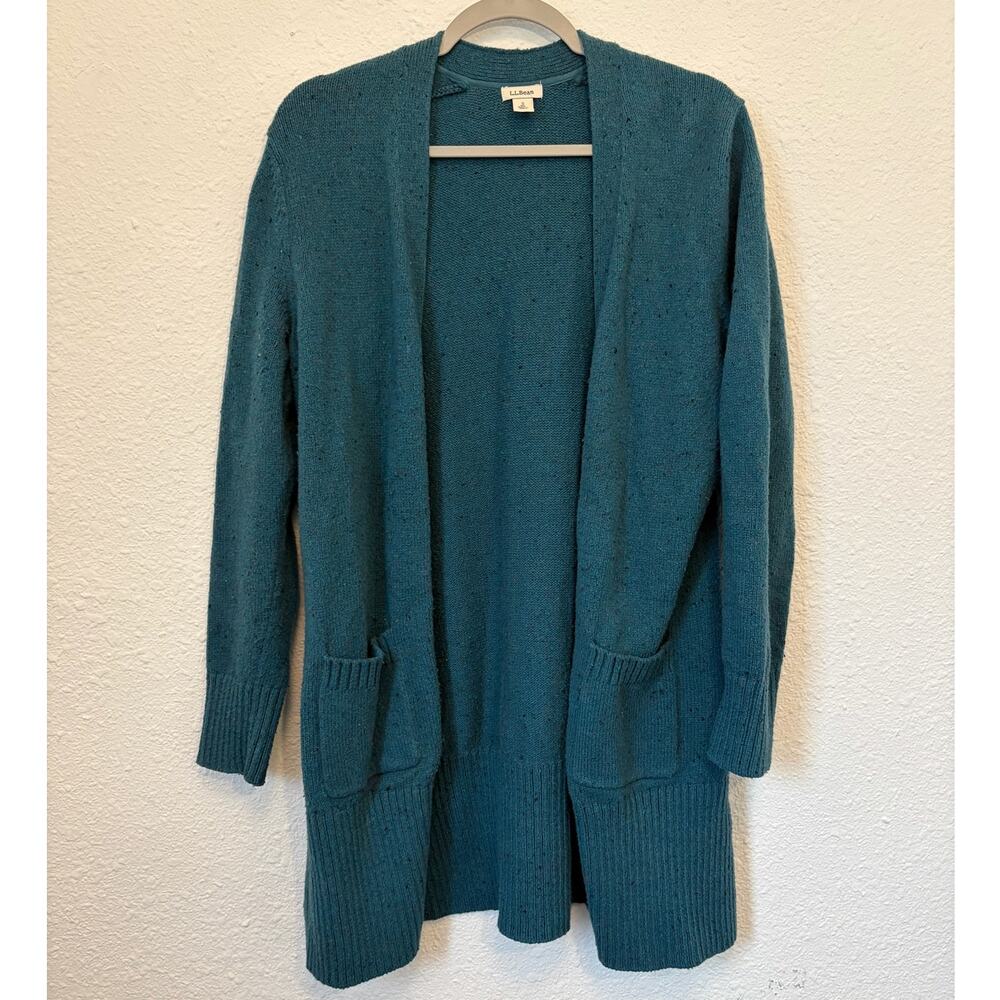 L.L. Bean Long Open Cardigan Cotton Wool Size Teal Minimalist Coastal Preppy
